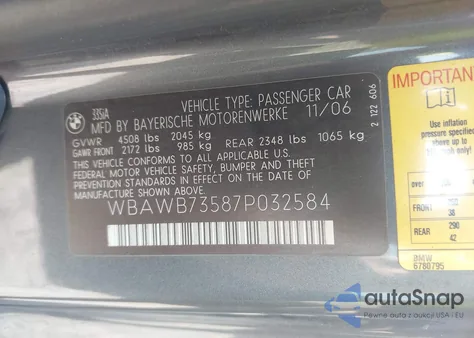 2007 BMW 335I z USA, uszkodzony, nr VIN WBAWB73587P032584